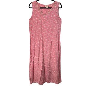 April Cornell Cottagecore Pink Floral Sleeveless Crepe Dress Vintage Midi M